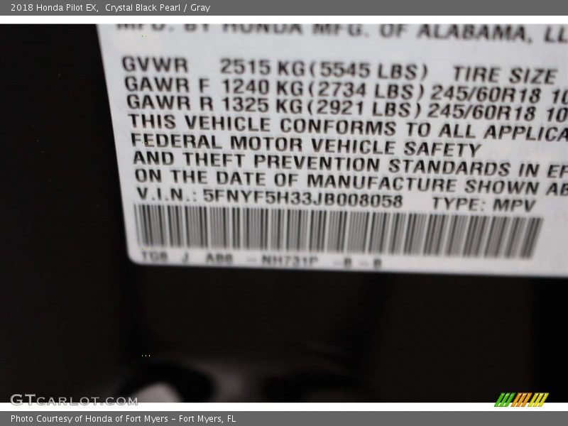 Crystal Black Pearl / Gray 2018 Honda Pilot EX