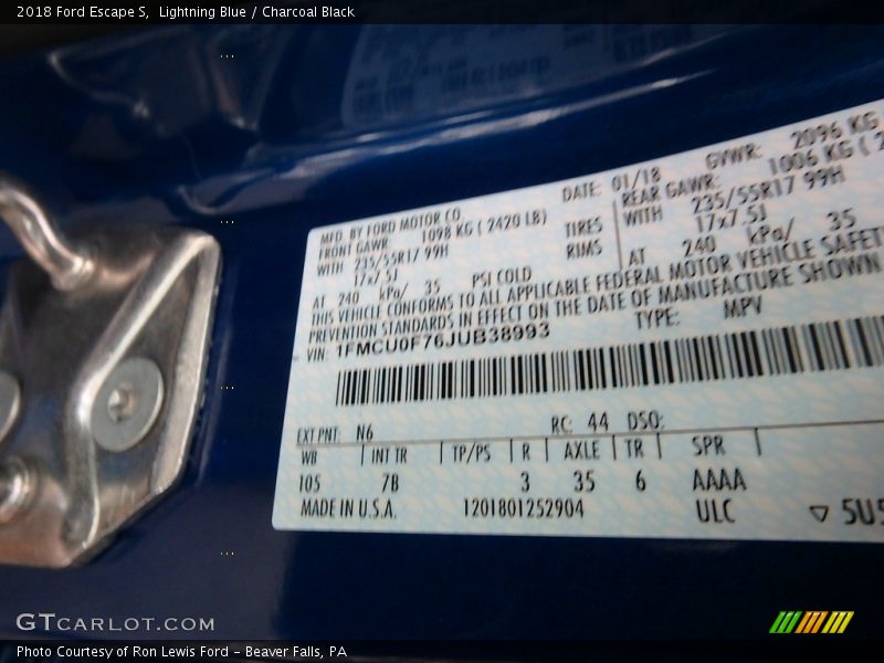 Lightning Blue / Charcoal Black 2018 Ford Escape S