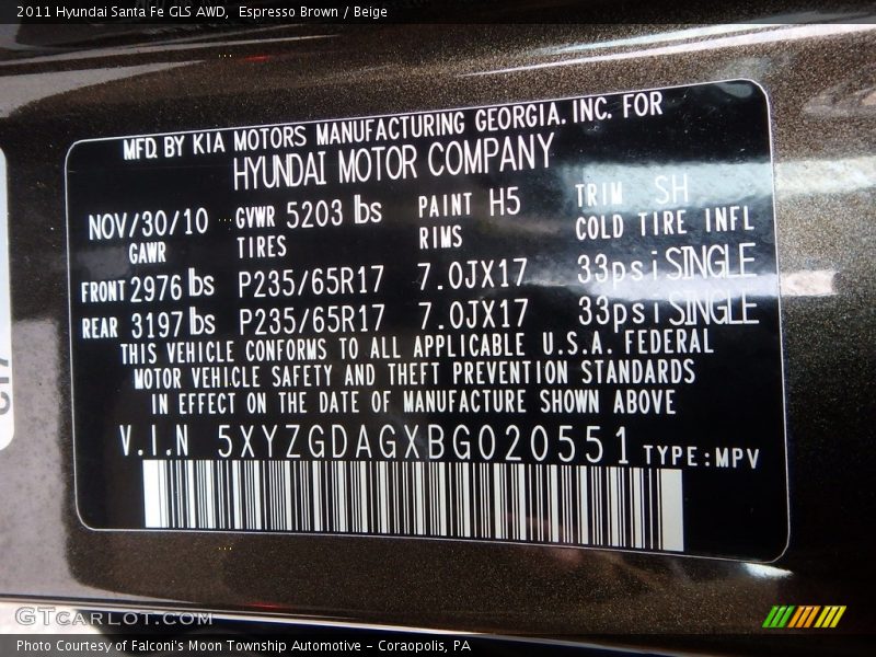 Espresso Brown / Beige 2011 Hyundai Santa Fe GLS AWD