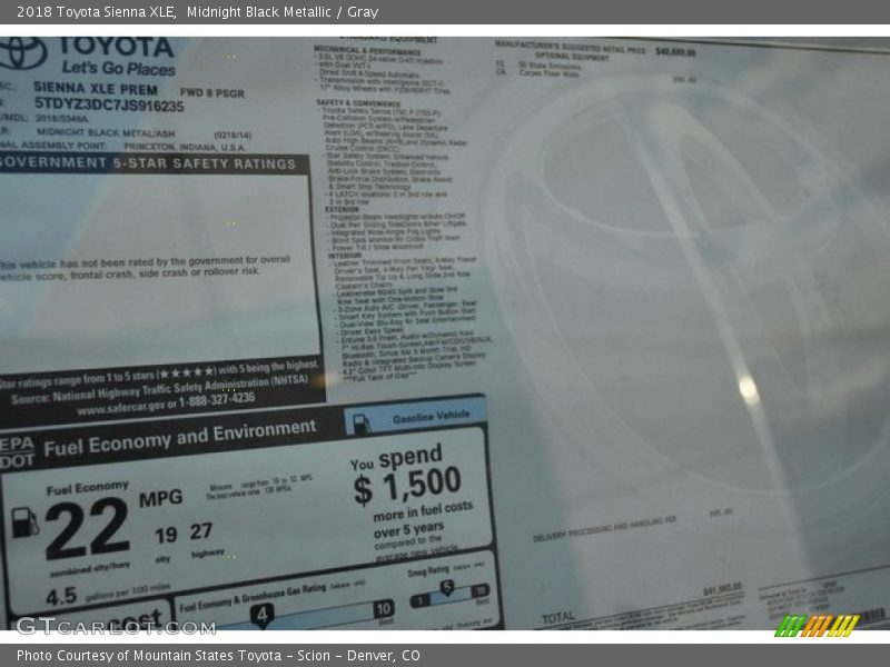 Midnight Black Metallic / Gray 2018 Toyota Sienna XLE