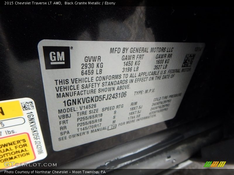 Black Granite Metallic / Ebony 2015 Chevrolet Traverse LT AWD