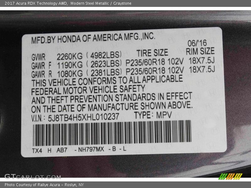 Modern Steel Metallic / Graystone 2017 Acura RDX Technology AWD