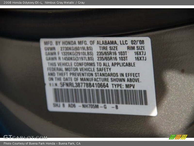 Nimbus Gray Metallic / Gray 2008 Honda Odyssey EX-L