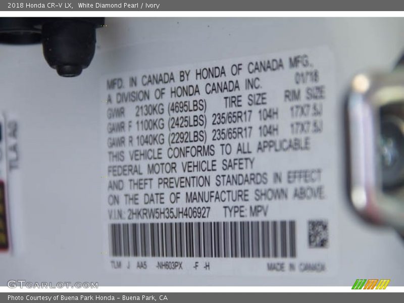 White Diamond Pearl / Ivory 2018 Honda CR-V LX