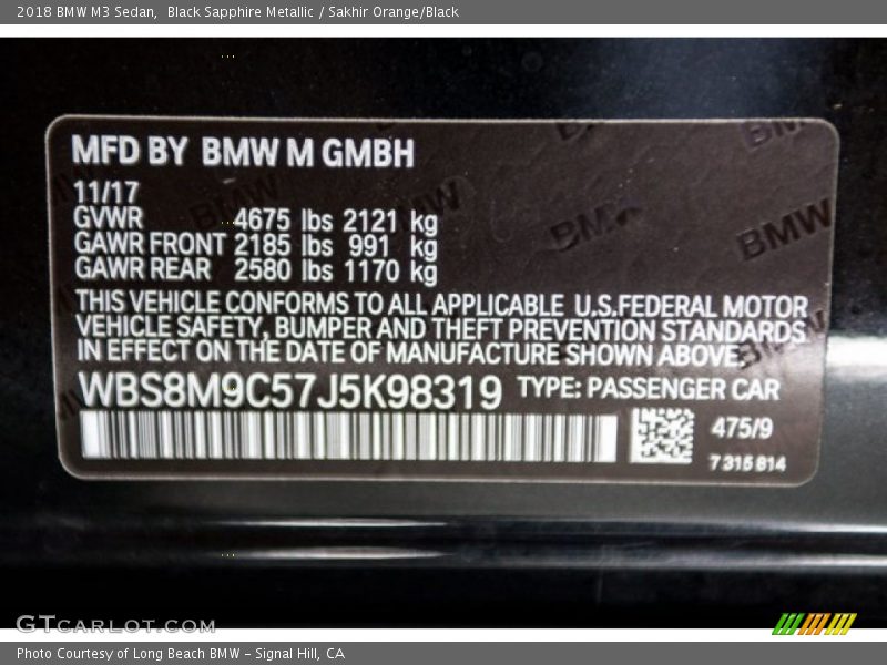 Black Sapphire Metallic / Sakhir Orange/Black 2018 BMW M3 Sedan