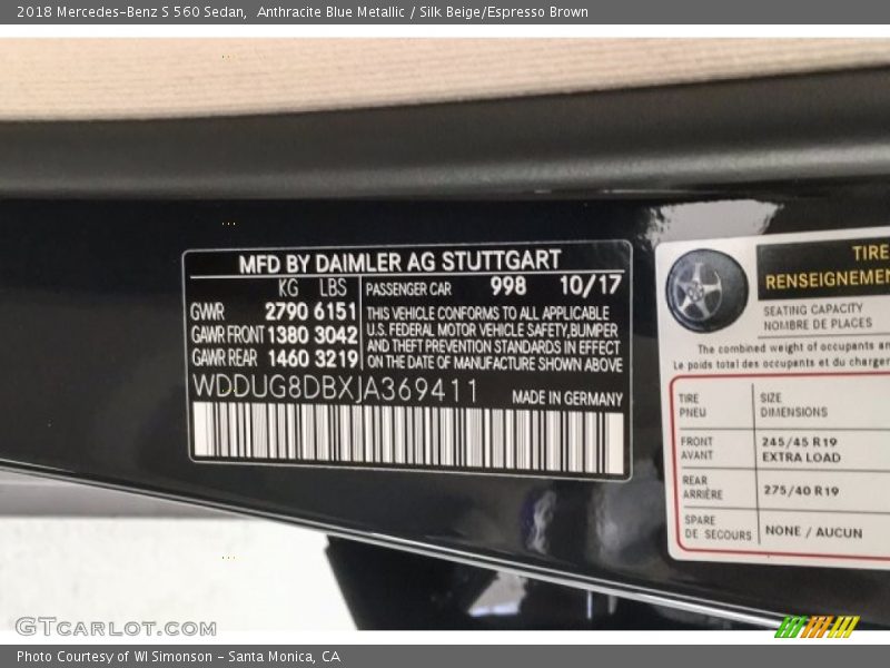 Anthracite Blue Metallic / Silk Beige/Espresso Brown 2018 Mercedes-Benz S 560 Sedan