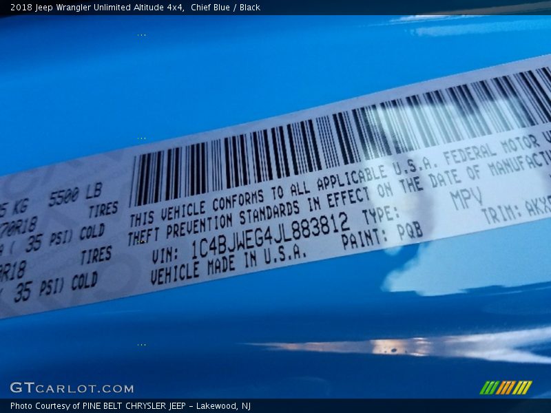 Chief Blue / Black 2018 Jeep Wrangler Unlimited Altitude 4x4