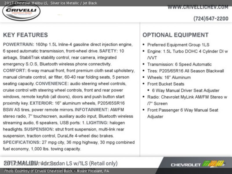 Silver Ice Metallic / Jet Black 2017 Chevrolet Malibu LS