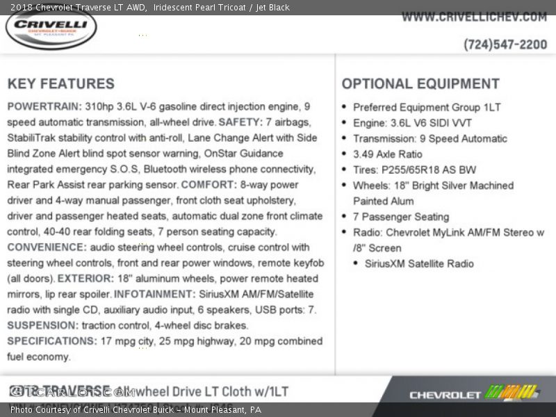 Iridescent Pearl Tricoat / Jet Black 2018 Chevrolet Traverse LT AWD