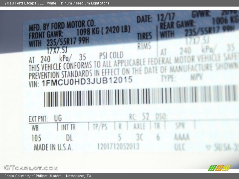 White Platinum / Medium Light Stone 2018 Ford Escape SEL