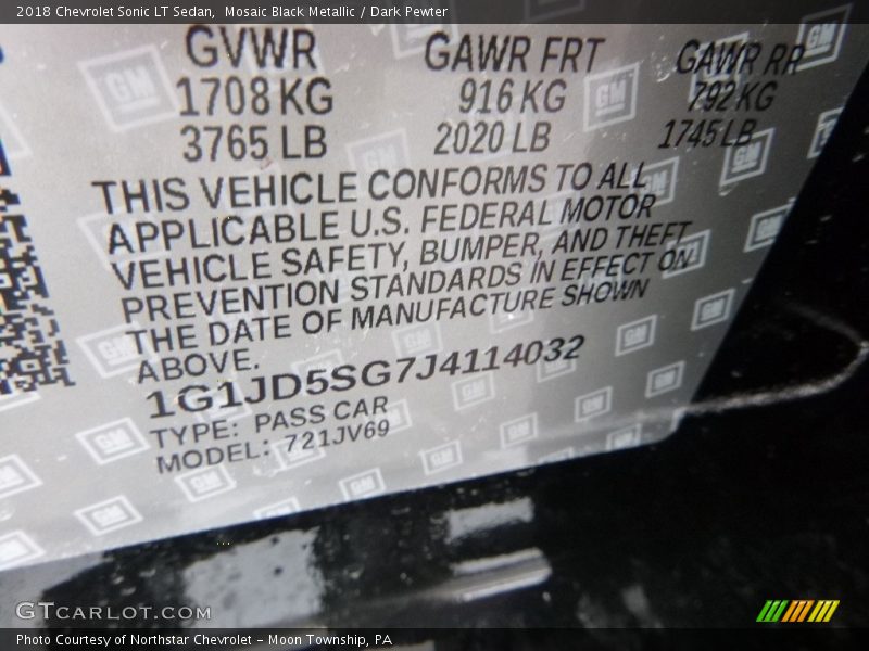 Mosaic Black Metallic / Dark Pewter 2018 Chevrolet Sonic LT Sedan