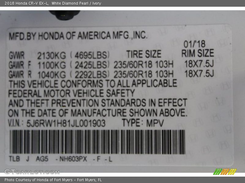White Diamond Pearl / Ivory 2018 Honda CR-V EX-L