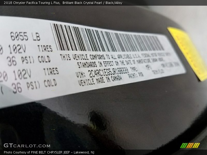 Brilliant Black Crystal Pearl / Black/Alloy 2018 Chrysler Pacifica Touring L Plus