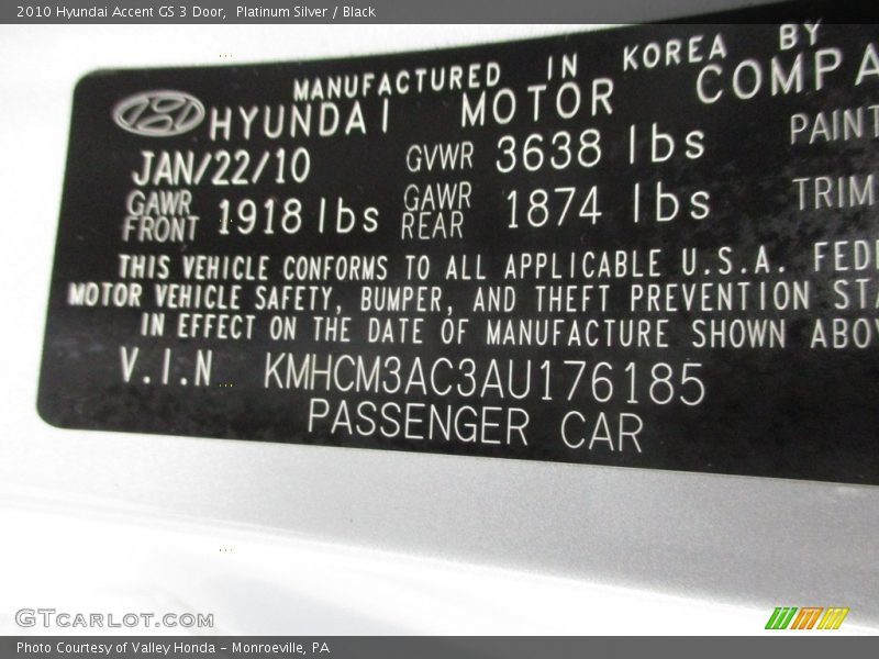 Platinum Silver / Black 2010 Hyundai Accent GS 3 Door