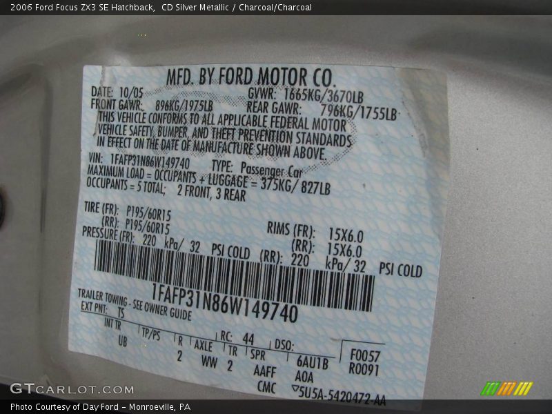 CD Silver Metallic / Charcoal/Charcoal 2006 Ford Focus ZX3 SE Hatchback