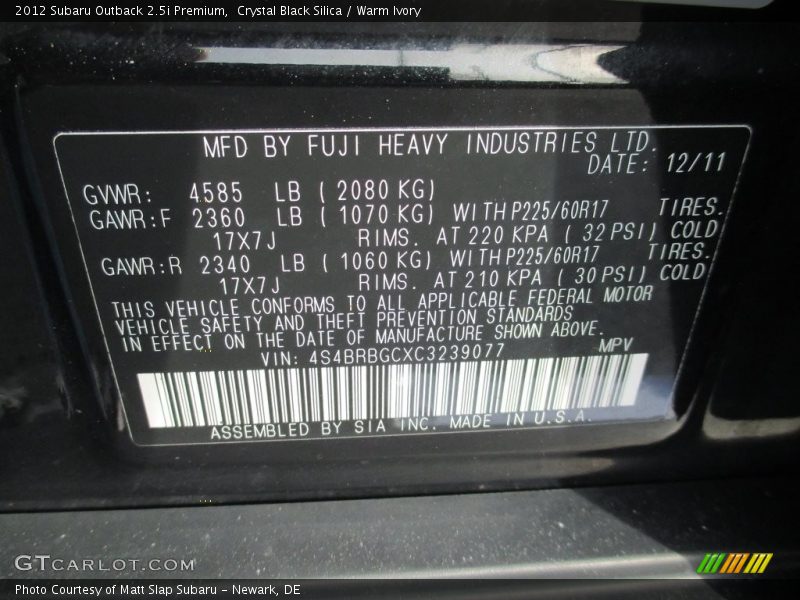 Crystal Black Silica / Warm Ivory 2012 Subaru Outback 2.5i Premium