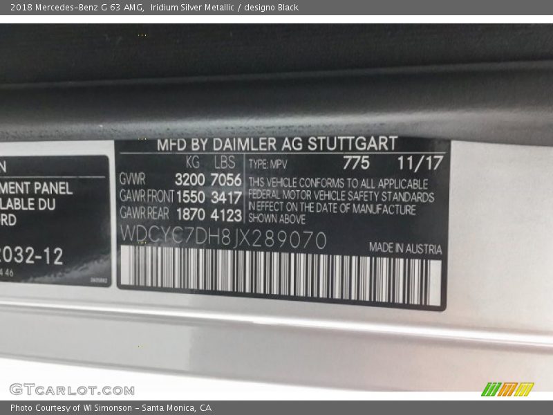 Iridium Silver Metallic / designo Black 2018 Mercedes-Benz G 63 AMG