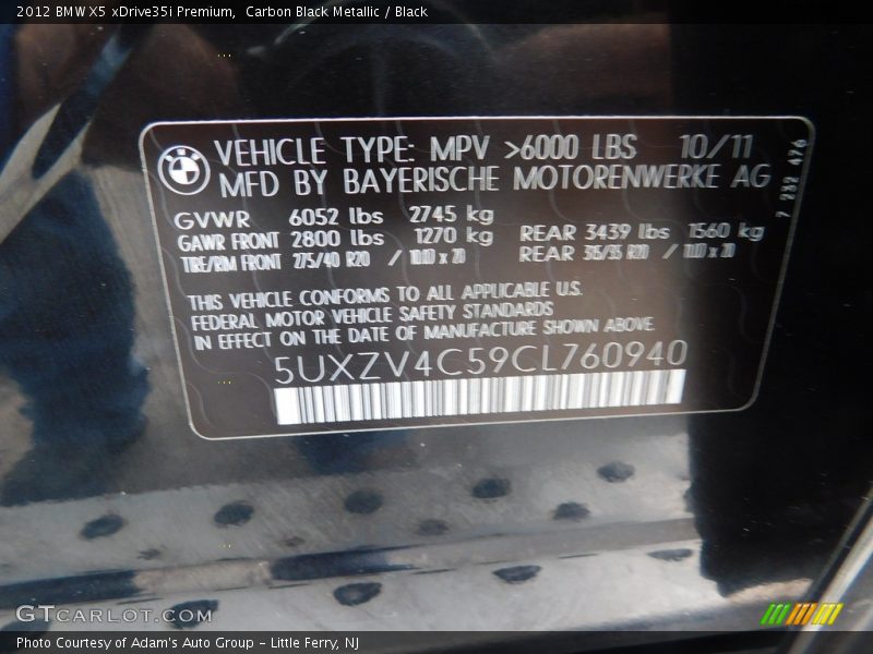 Carbon Black Metallic / Black 2012 BMW X5 xDrive35i Premium