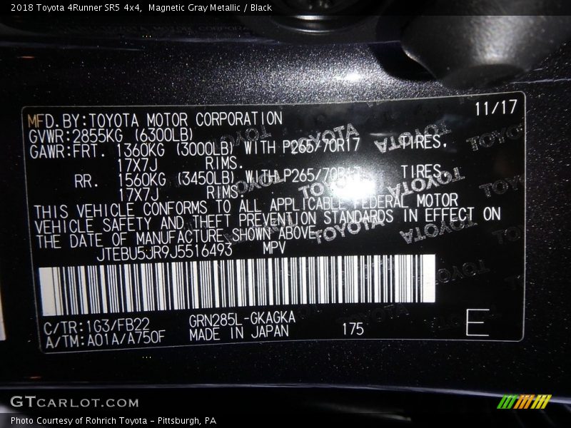 Magnetic Gray Metallic / Black 2018 Toyota 4Runner SR5 4x4