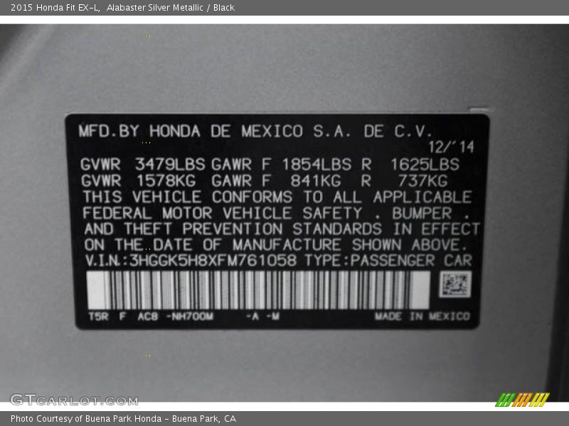 Alabaster Silver Metallic / Black 2015 Honda Fit EX-L