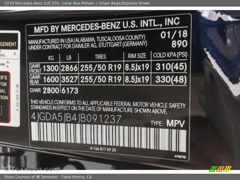 Lunar Blue Metallic / Ginger Beige/Espresso Brown 2018 Mercedes-Benz GLE 350