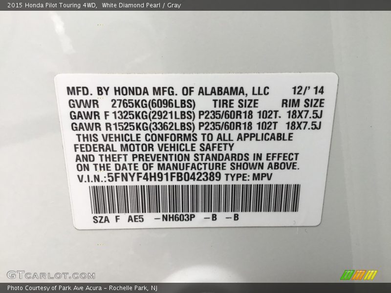 White Diamond Pearl / Gray 2015 Honda Pilot Touring 4WD