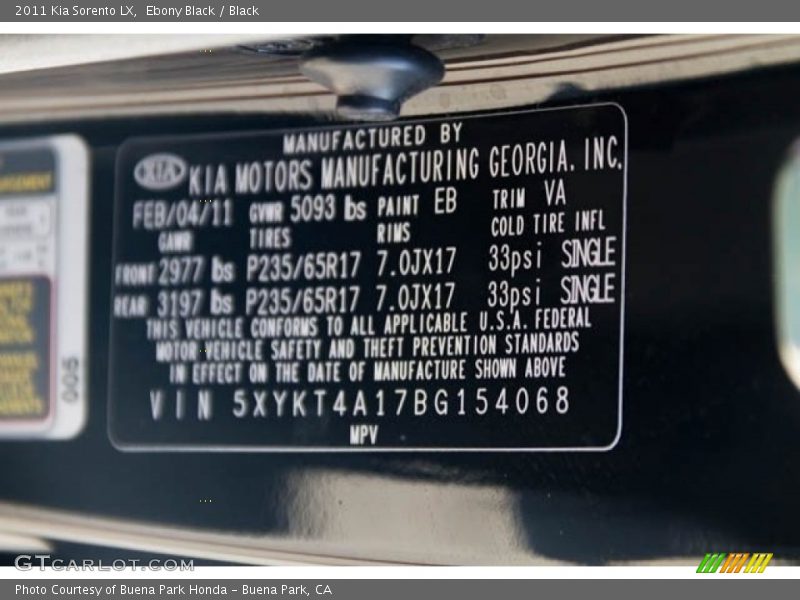 Ebony Black / Black 2011 Kia Sorento LX