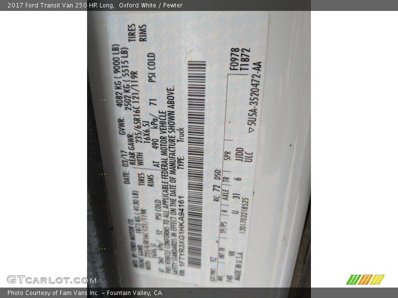 Oxford White / Pewter 2017 Ford Transit Van 250 HR Long
