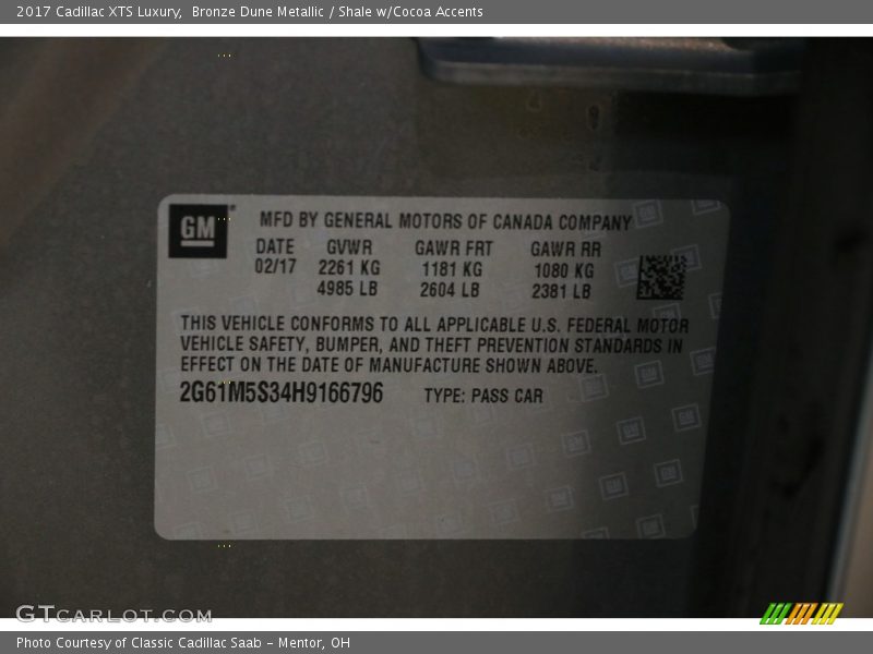 Bronze Dune Metallic / Shale w/Cocoa Accents 2017 Cadillac XTS Luxury