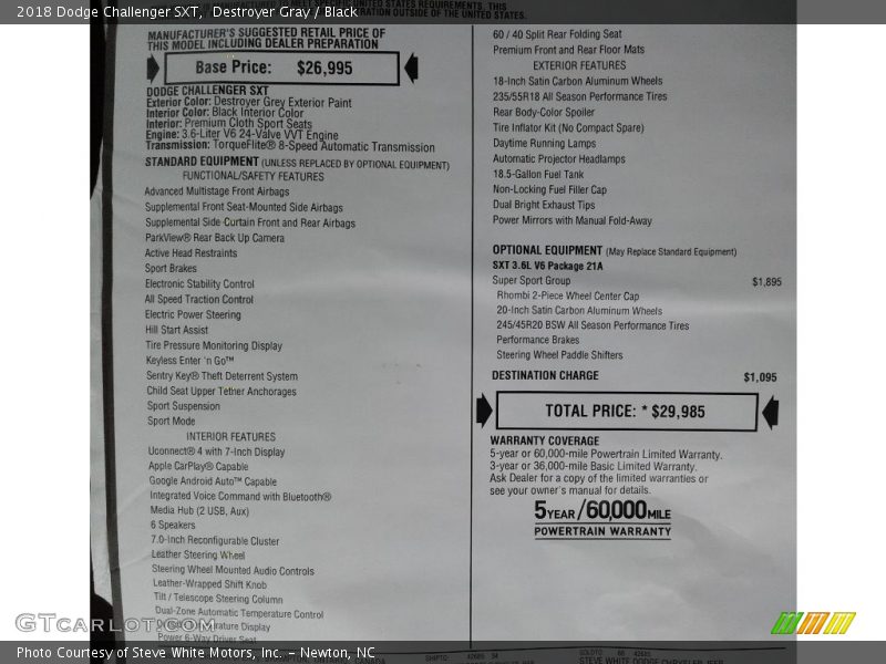 Destroyer Gray / Black 2018 Dodge Challenger SXT