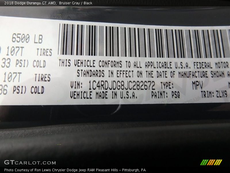 Bruiser Gray / Black 2018 Dodge Durango GT AWD