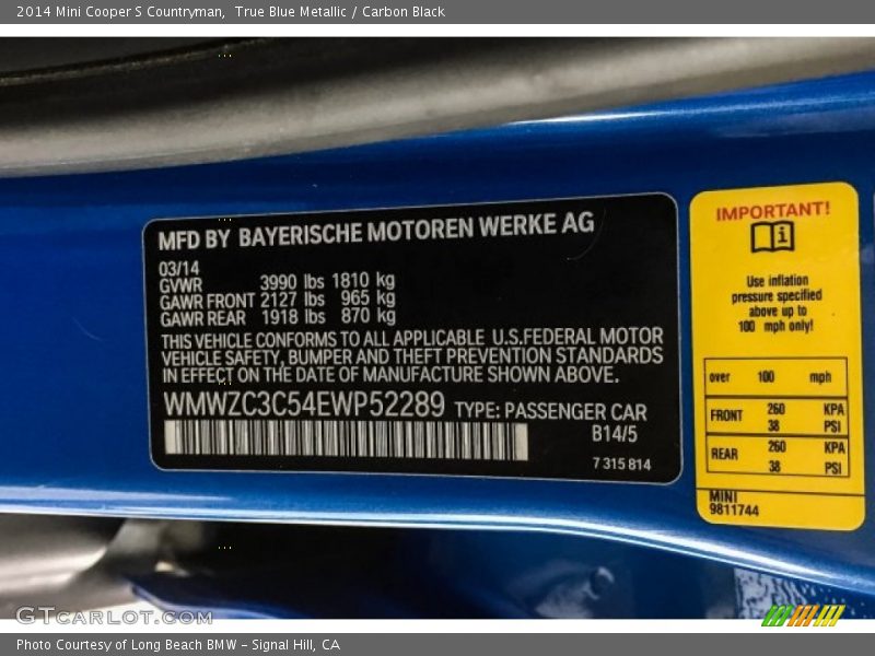 True Blue Metallic / Carbon Black 2014 Mini Cooper S Countryman