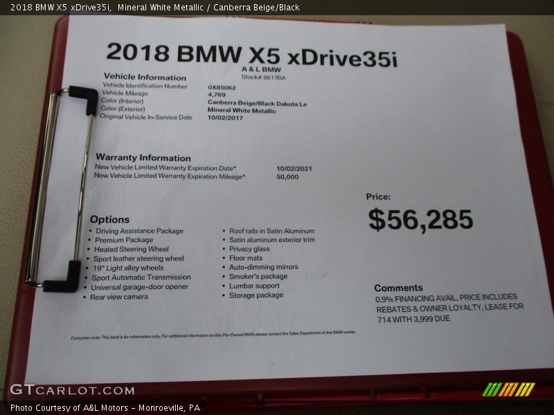 Mineral White Metallic / Canberra Beige/Black 2018 BMW X5 xDrive35i