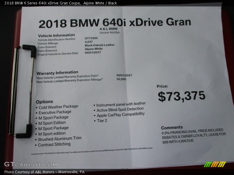 Alpine White / Black 2018 BMW 6 Series 640i xDrive Gran Coupe