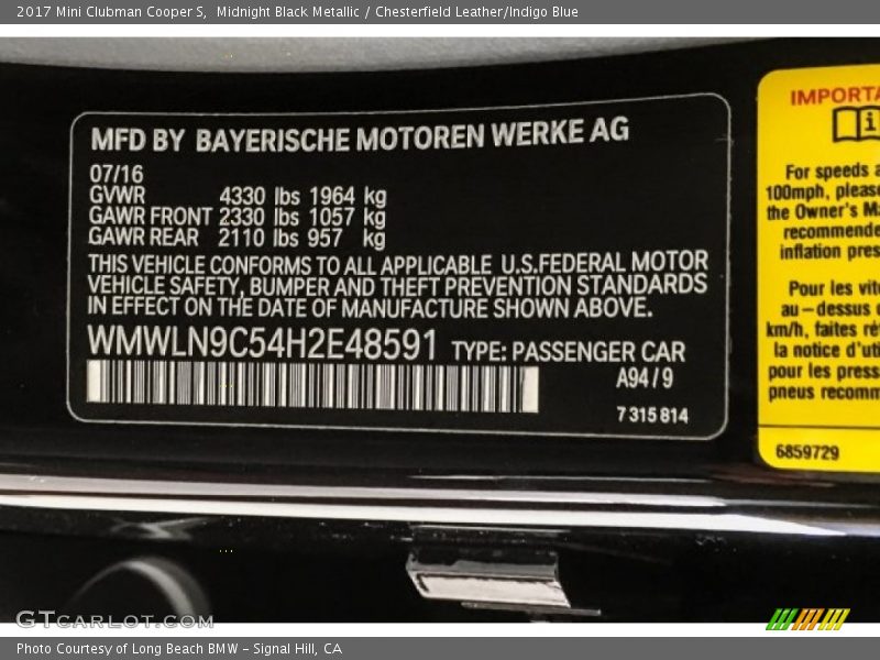 Midnight Black Metallic / Chesterfield Leather/Indigo Blue 2017 Mini Clubman Cooper S