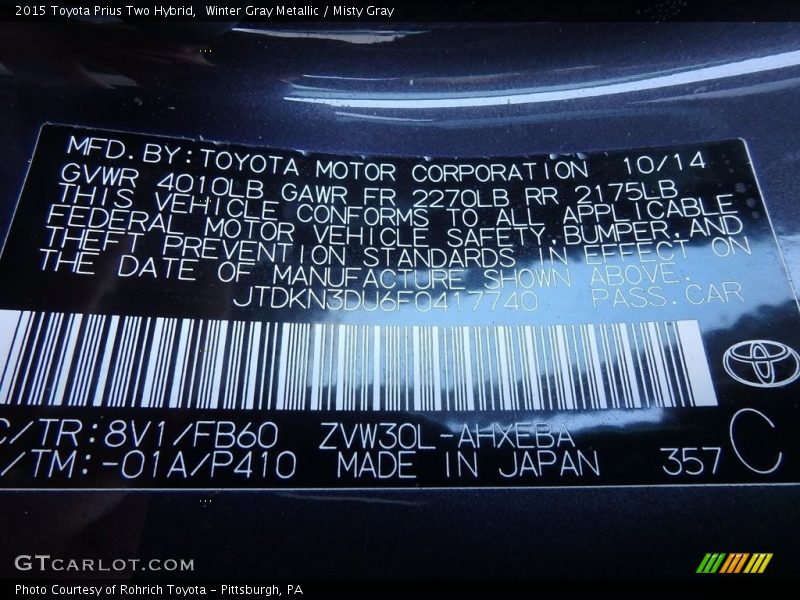 Winter Gray Metallic / Misty Gray 2015 Toyota Prius Two Hybrid