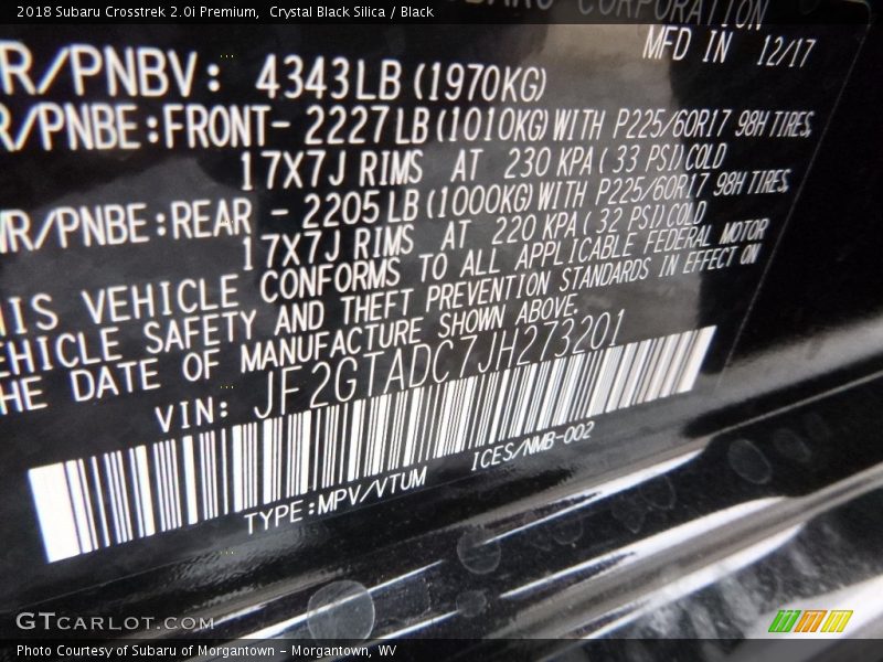Crystal Black Silica / Black 2018 Subaru Crosstrek 2.0i Premium