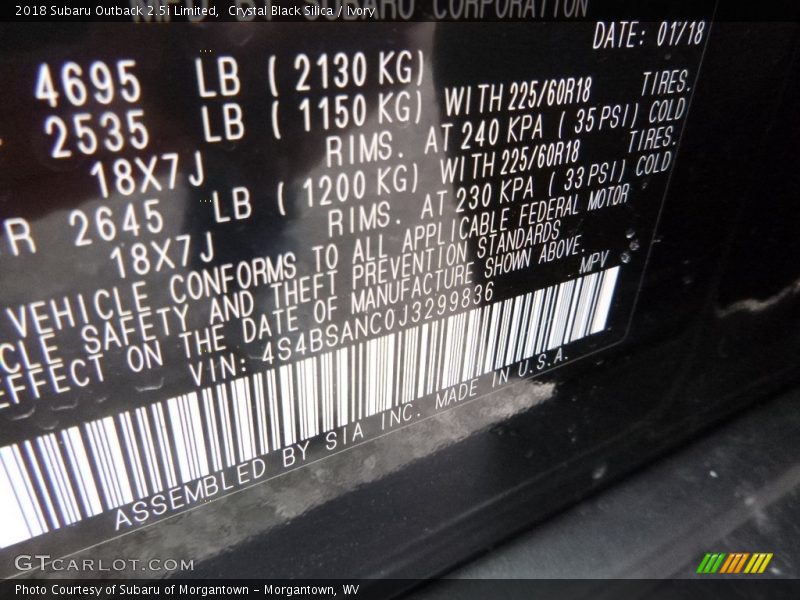 Crystal Black Silica / Ivory 2018 Subaru Outback 2.5i Limited