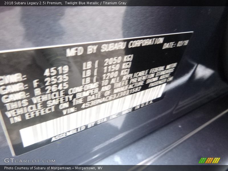 Twilight Blue Metallic / Titanium Gray 2018 Subaru Legacy 2.5i Premium