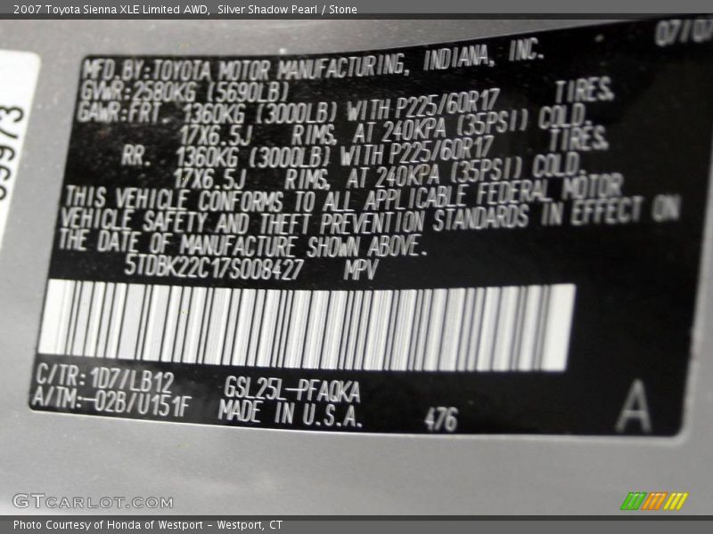 Silver Shadow Pearl / Stone 2007 Toyota Sienna XLE Limited AWD