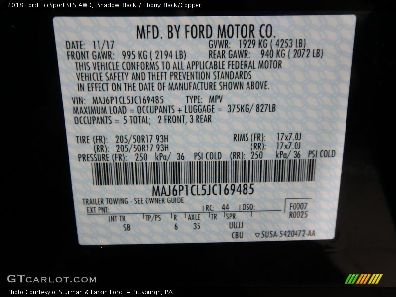 Shadow Black / Ebony Black/Copper 2018 Ford EcoSport SES 4WD