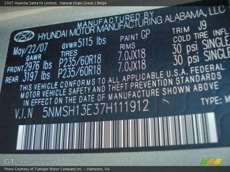Natural Khaki Green / Beige 2007 Hyundai Santa Fe Limited