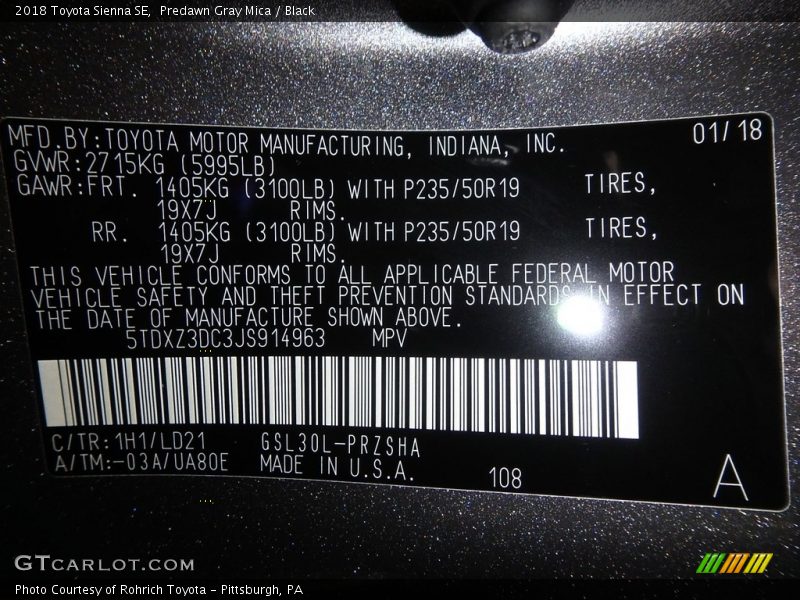 Predawn Gray Mica / Black 2018 Toyota Sienna SE