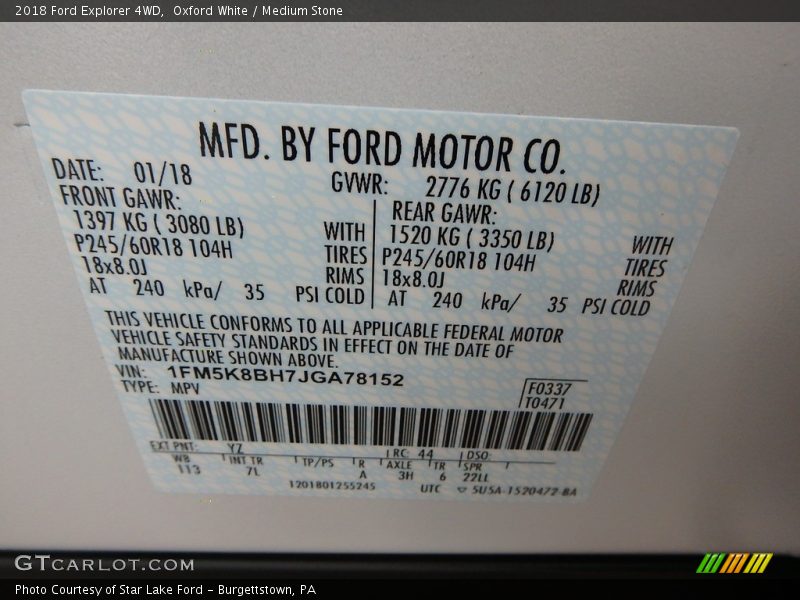 2018 Explorer 4WD Oxford White Color Code YZ
