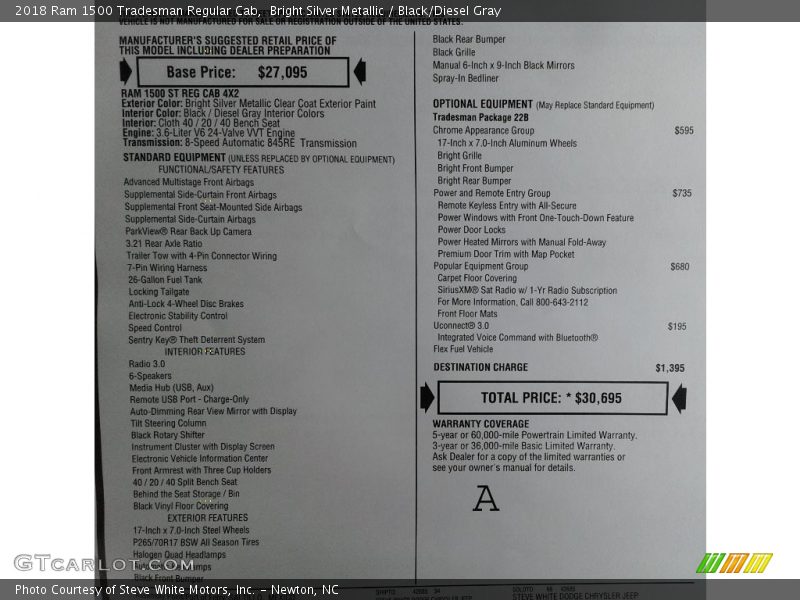 Bright Silver Metallic / Black/Diesel Gray 2018 Ram 1500 Tradesman Regular Cab