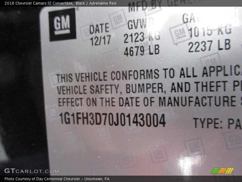 Black / Adrenaline Red 2018 Chevrolet Camaro SS Convertible