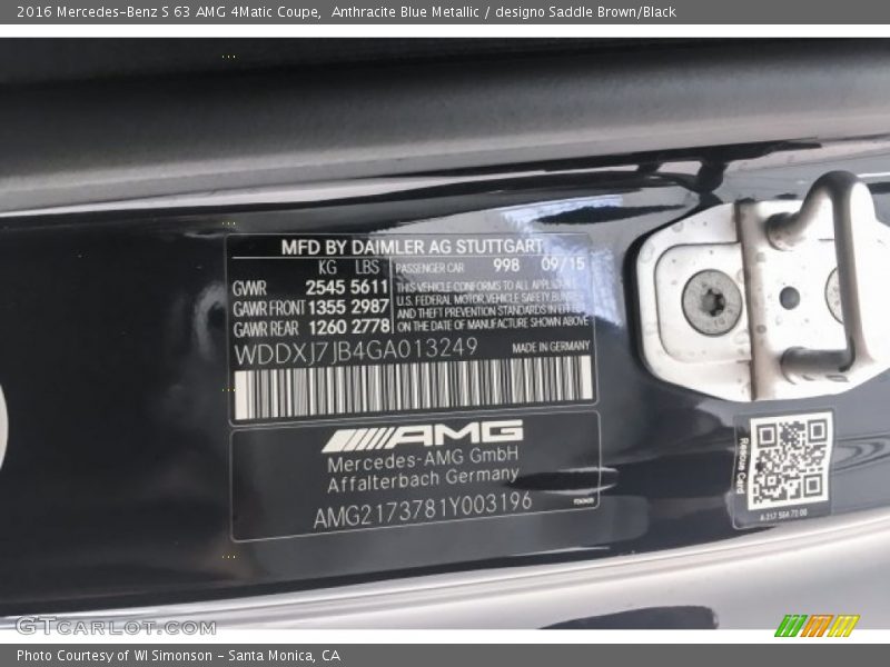 Anthracite Blue Metallic / designo Saddle Brown/Black 2016 Mercedes-Benz S 63 AMG 4Matic Coupe