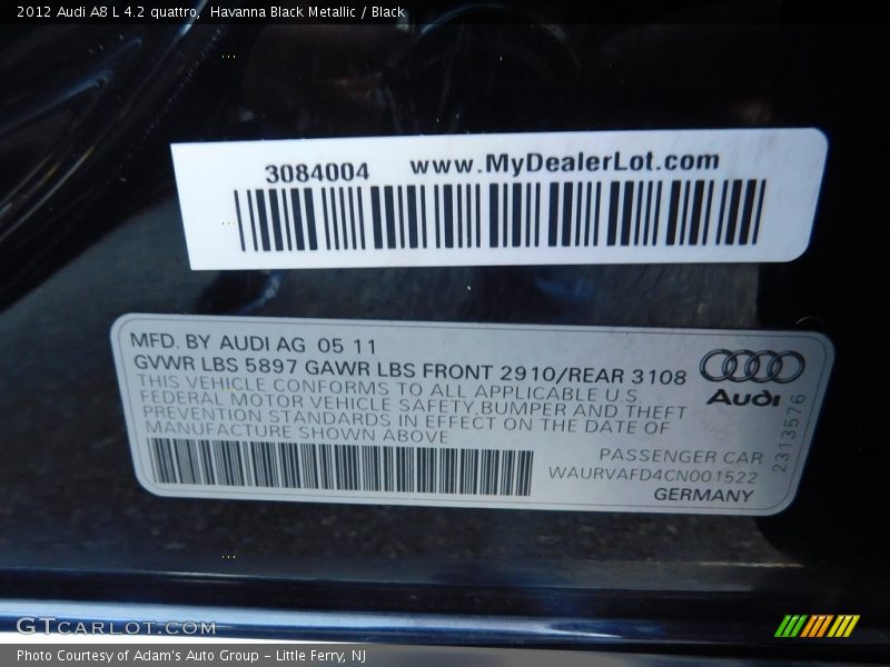 Havanna Black Metallic / Black 2012 Audi A8 L 4.2 quattro