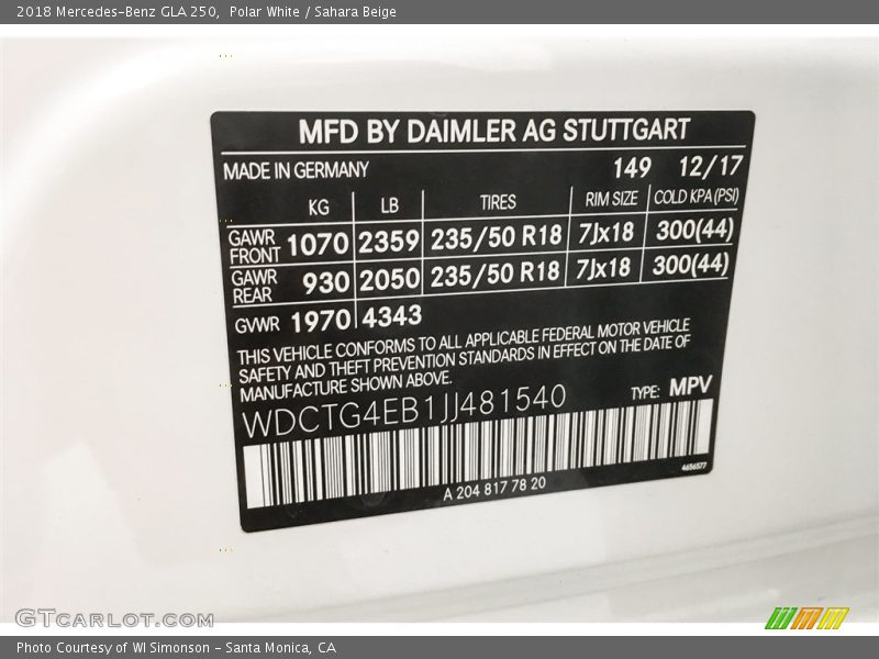 2018 GLA 250 Polar White Color Code 149