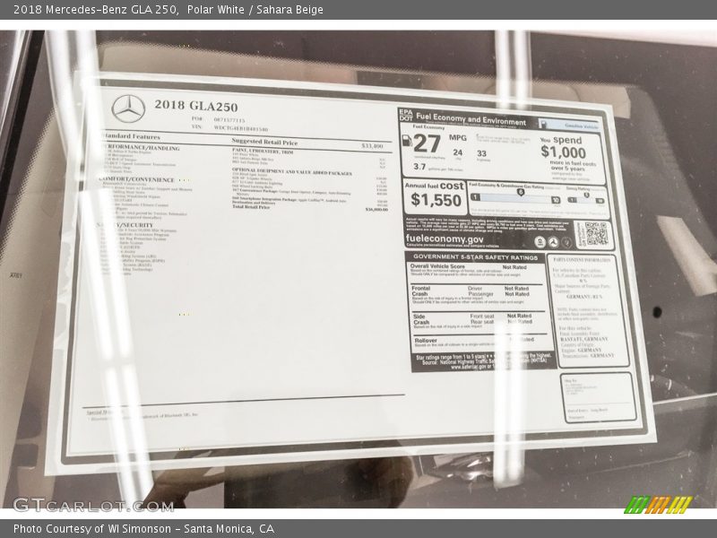  2018 GLA 250 Window Sticker